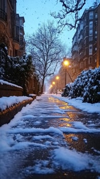 Icy sidewalk reflecting street light on snowy winter day photo