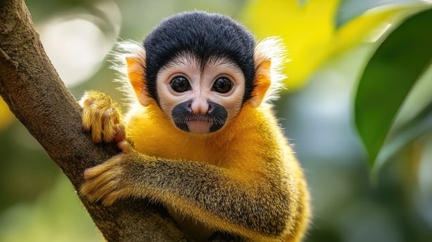 Black-capped squirrel monkey hanging on a tree branch photo