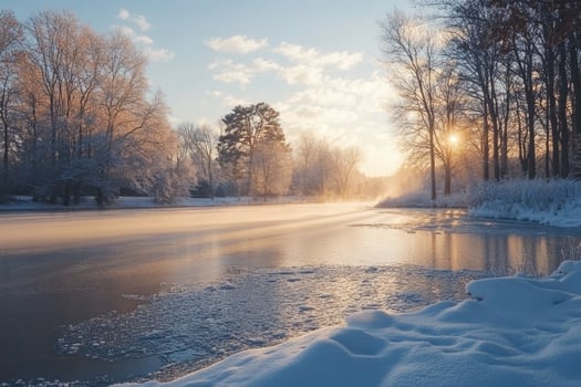 Frozen river reflecting winter sunrise light through snow covered trees photo
