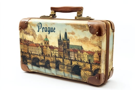 Vintage suitcase showing prague skyline celebrates czech republic tourism photo