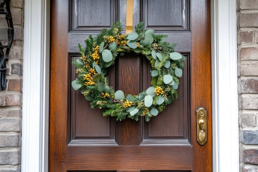 Beautiful christmas wreath hanging on wooden front door of house photo