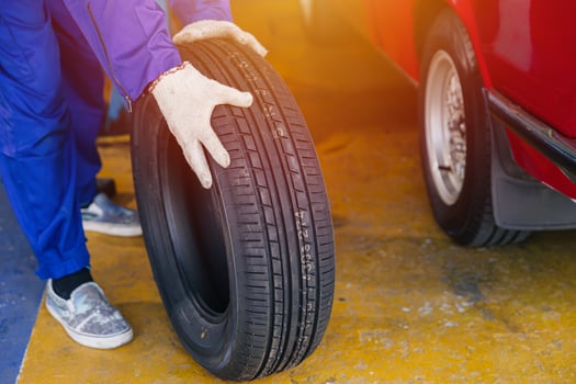 Wheel Tire change, Garage mechanic worker replace car tyre new rubber wheels in auto service workshop center photo