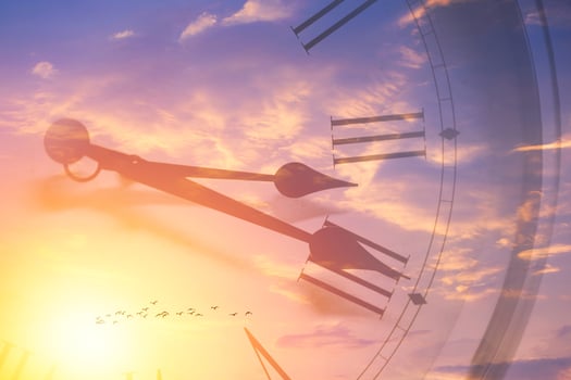 Clock face memory time in sun bright sky. Time passing sunset or sunrise sky overlay photo
