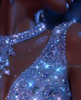 Closeup of a womans neck and shoulder in a shiny electric blue dress photo