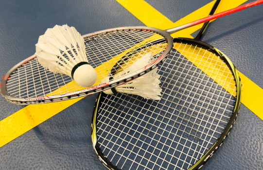 shuttlecock and badminton racket on the court photo