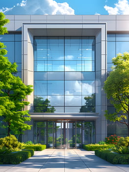 Modern Glass Office Building Exterior with Greenery photo