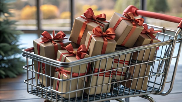 Shopping Cart Filled with Wrapped Gift Boxes. The scene conveys a festive, joyful atmosphere, perfect for Christmas and celebrations. photo