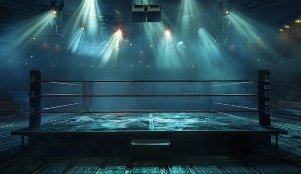 Boxing arena. Professional combat fight blue stage. MMA event event background. Wrestling arena illustration. Sport boxer fight stadium with spotlight photo