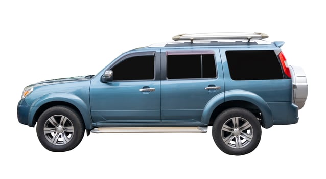 Side view of blue pickup truck or multipurpose vehicle isolated on white background with clipping path photo