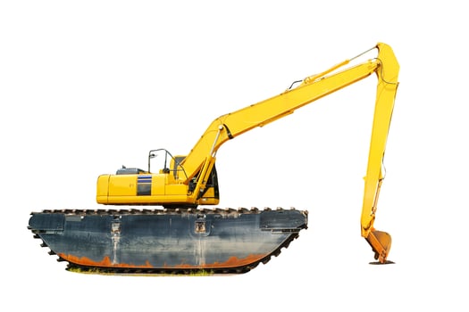 Yellow Amphibious Excavator on White Background Isolated for Construction and Heavy Machinery Stock Image photo