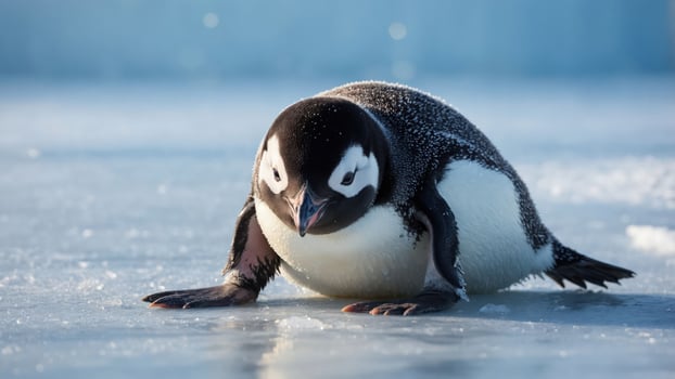 A close-up of a young penguin sliding on ice in a cold environment. photo