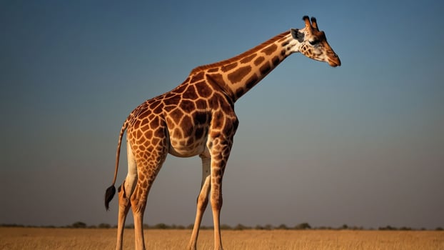 A majestic giraffe stands gracefully against a clear sky in a natural landscape. photo