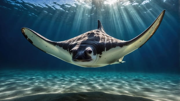 A majestic manta ray glides gracefully through sunlit ocean waters. photo