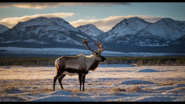A majestic reindeer stands in a snowy landscape with mountains in the background. photo