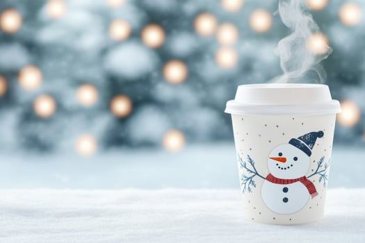 Warm takeaway drink with a snowman design amidst winter scenery and Christmas lights photo