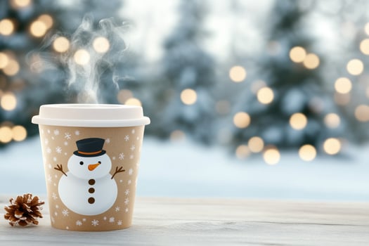Warm holiday drink in a snowman cup with snowy trees and festive lights in the background photo