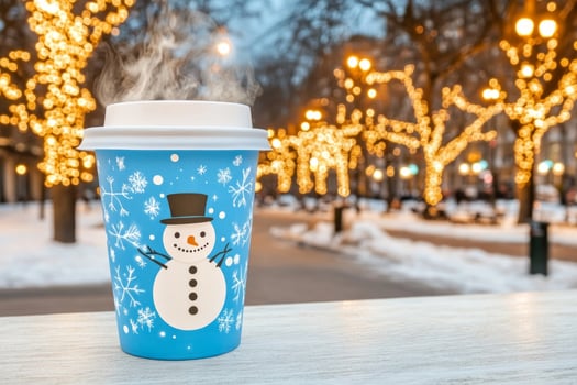 Cozy winter afternoon with a steaming drink in a snowman cup surrounded by illuminated holiday trees photo