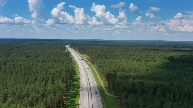 Aerial top view on country road in forest photo