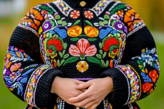 Vibrant Finnish folk art featuring intricate floral embroidery on a traditional costume photo