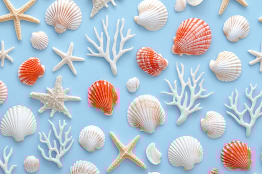 Decorative marine pattern featuring seashells and starfish on a vibrant ocean-themed background photo
