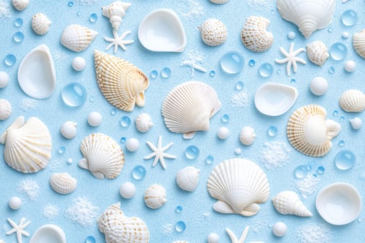 Coastal pattern featuring seashells and ocean elements in light blue and white for summer decor photo