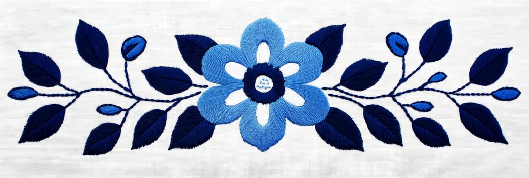 Scandinavian blue and white embroidery design featuring symmetrical flower and leaf motifs in folk art style photo