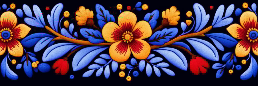 Intricate Finnish floral embroidery featuring red and blue flowers inspired by Scandinavian nature photo