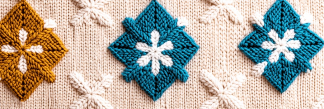 Cozy Scandinavian knitted pattern with geometric snowflakes in earthy colors for winter decoration photo
