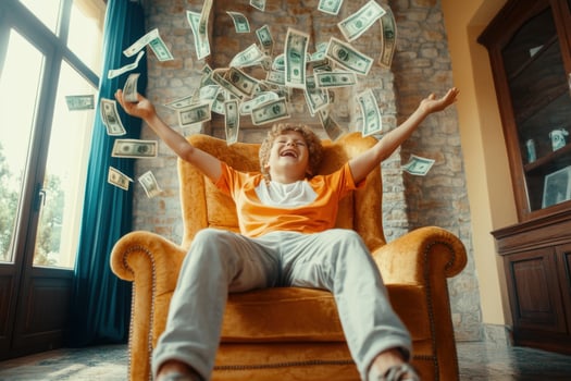 Happy child throwing dollar banknotes sitting on luxurious armchair at home photo