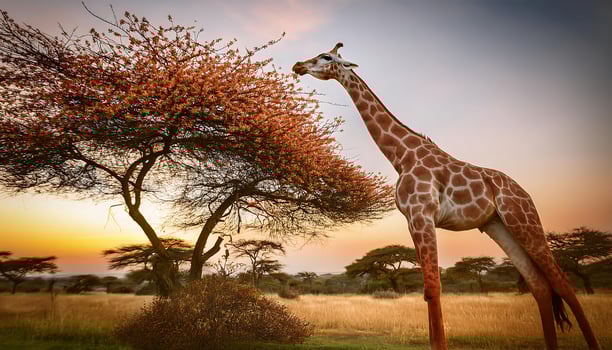 A giraffe stands tall in a savanna landscape at sunset, reaching for leaves on a tree. photo