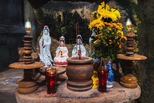 Buddhist temple with sanctuary inside Huyen Khong Cave in the Marble Mountains in Da Nang in Vietnam photo