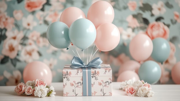 Festive gift box decorated with balloons and flowers for birthday celebration photo