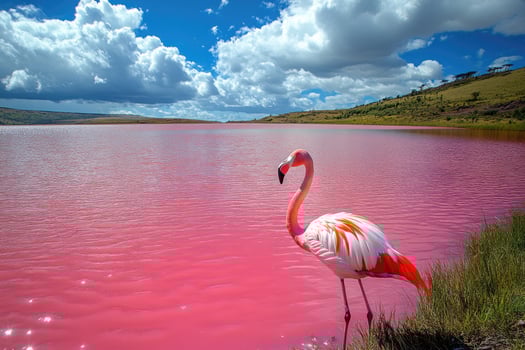 Pink flamingo standing in a colorful lake under blue sky and white clouds photo
