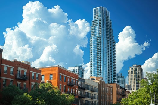 Modern skyscraper towering over traditional brick buildings in cityscape photo