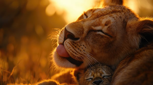 Lioness licking her cub in the african savanna at sunset showing motherly love photo
