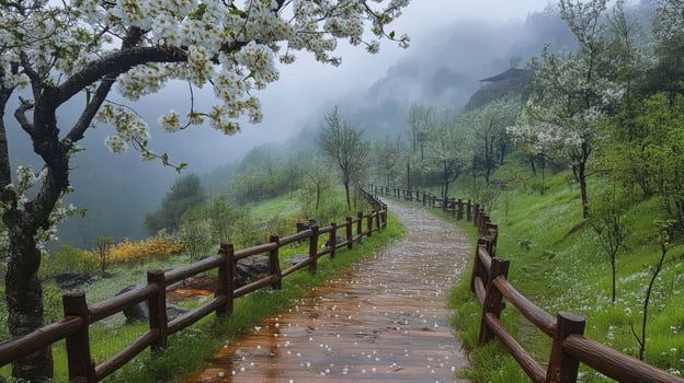 Wooden path winding through misty mountains in spring bloom photo