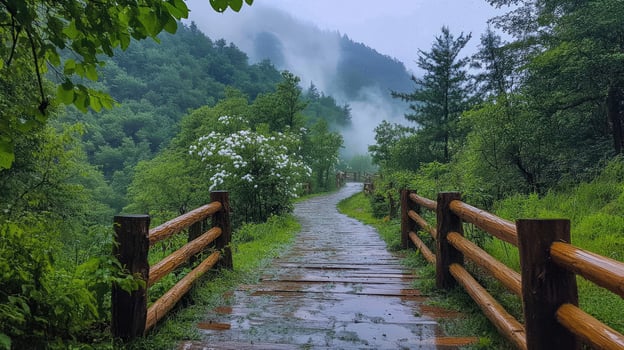 Wooden path winding through misty mountains in spring bloom photo