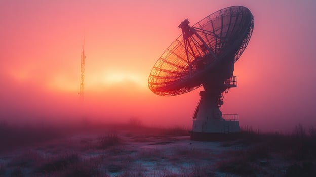 An antenna sits in the fog at sunrise photo