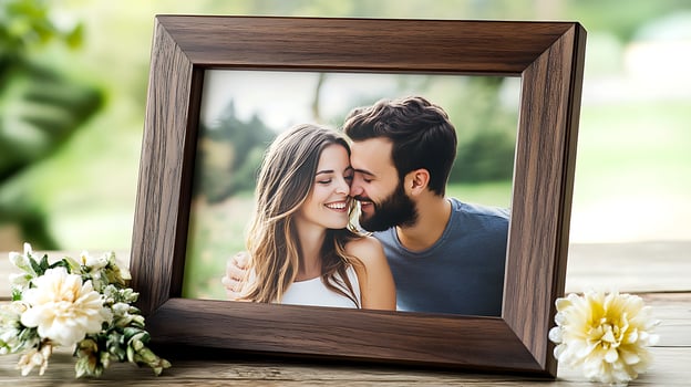 A wooden frame with a photo of a couple