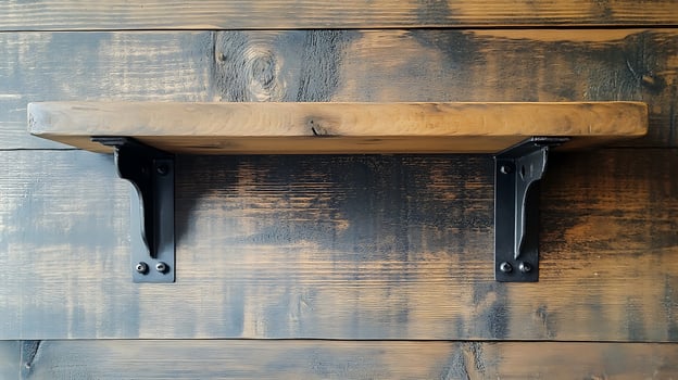 A wooden shelf with metal brackets on it photo