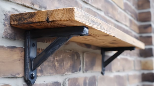 A wooden shelf with metal brackets on a brick wall photo