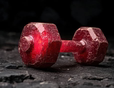 Vibrant red dumbbells on dark background photo