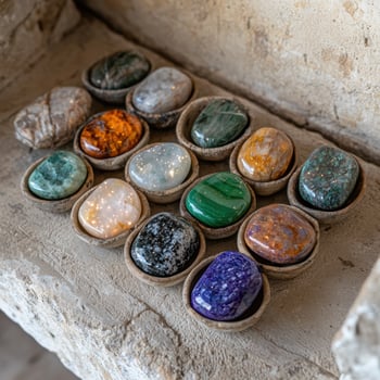 Assortment of natural gemstones in wooden holders photo
