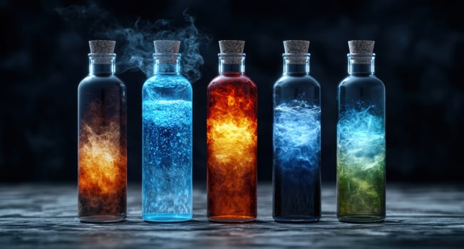 Colorful magical potions in glass bottles photo