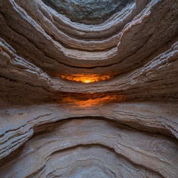 Illuminated cave with layered rock formations photo