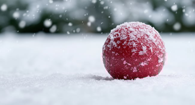 Snowy red apple in winter landscape photo