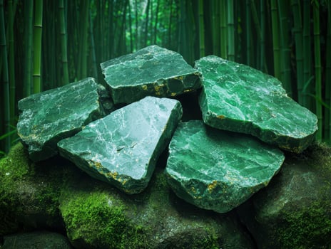 Emerald green gemstones in a bamboo forest photo