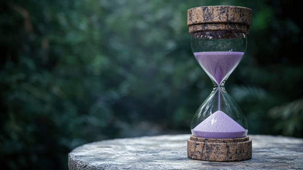 Hourglass with purple sand on wooden surface photo