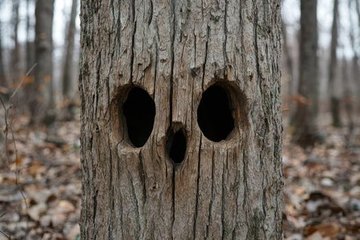 Mysterious tree trunk with eerie eye like holes photo