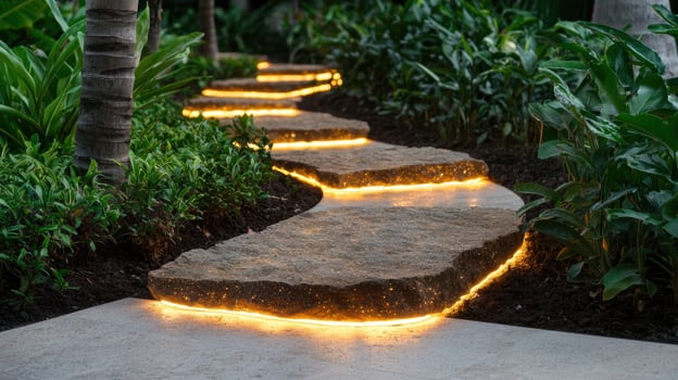 Illuminated garden pathway with stone steps photo